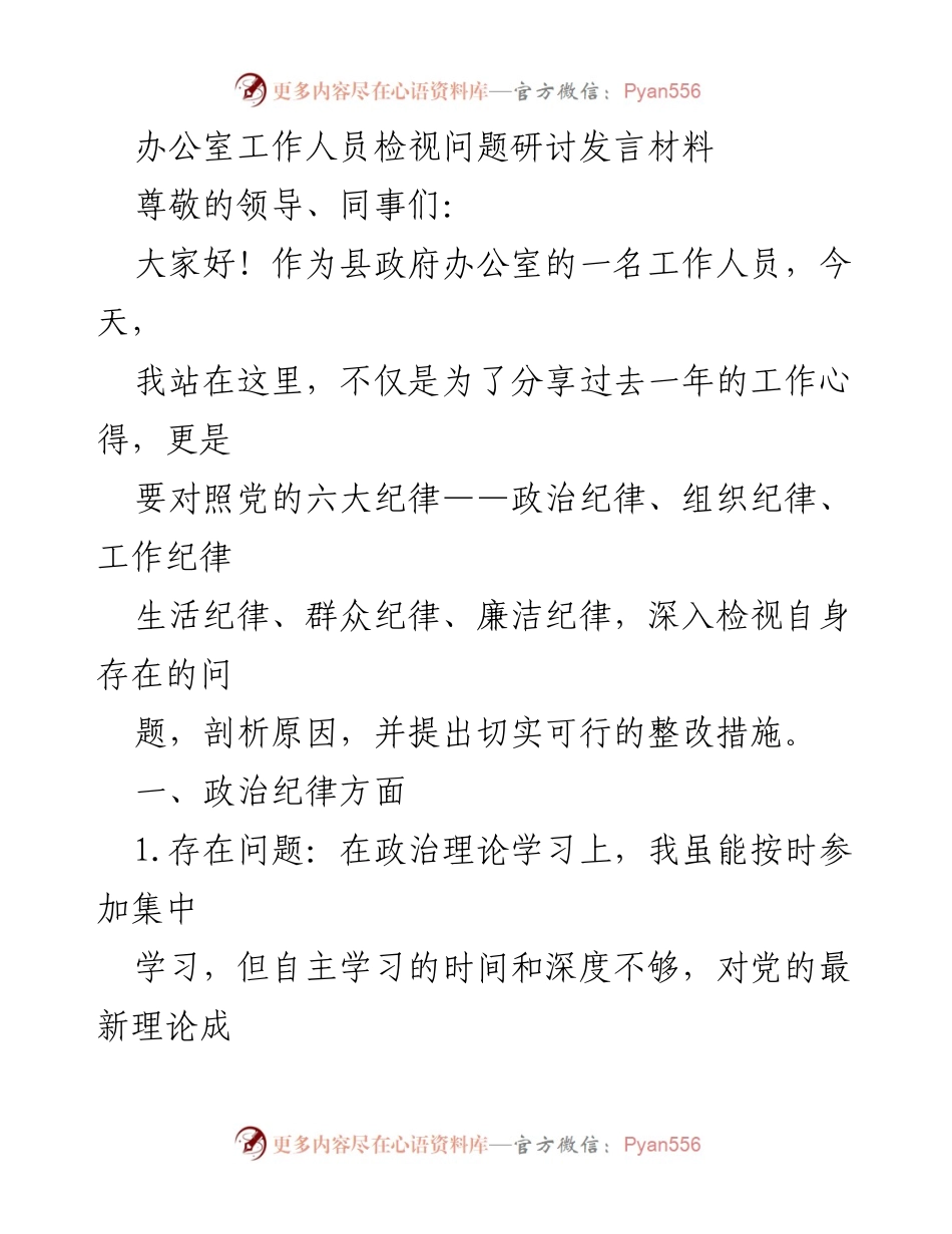 [发言] 检视问题研讨会 - 深入检视自身问题，提升工作纪律与政治敏锐性.docx_第1页