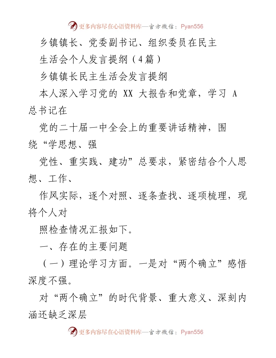 [发言] 民主生活会 - 乡镇党委副书记个人发言提纲及自我对照检查报告.docx_第1页