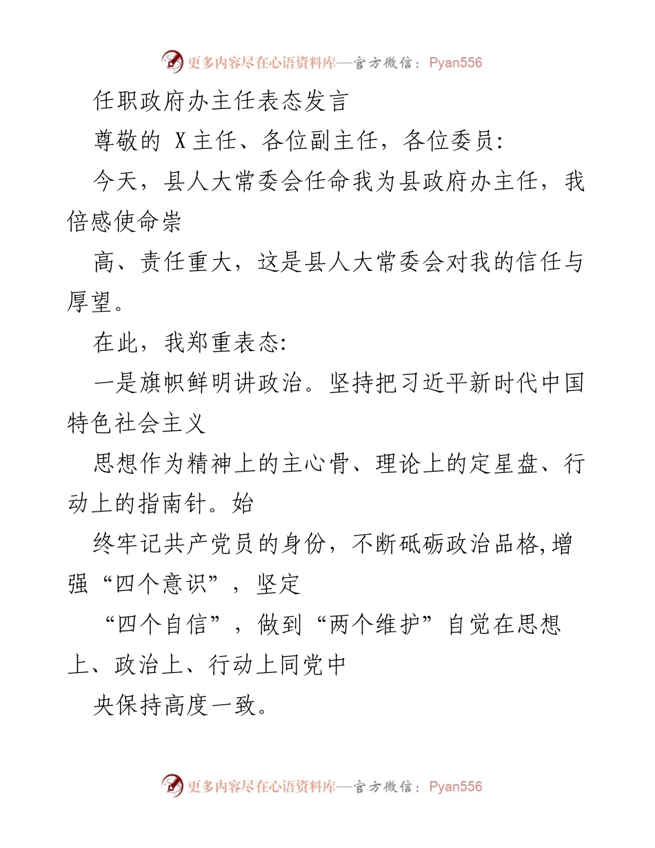 [发言] 新任职领导干部任命仪式 - 新任政府办主任表态发言.docx_第1页