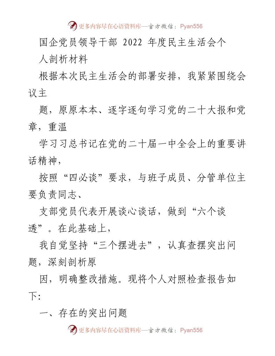 [发言] 民主生活会 - 2022年度国企党员领导干部个人剖析报告.docx_第1页