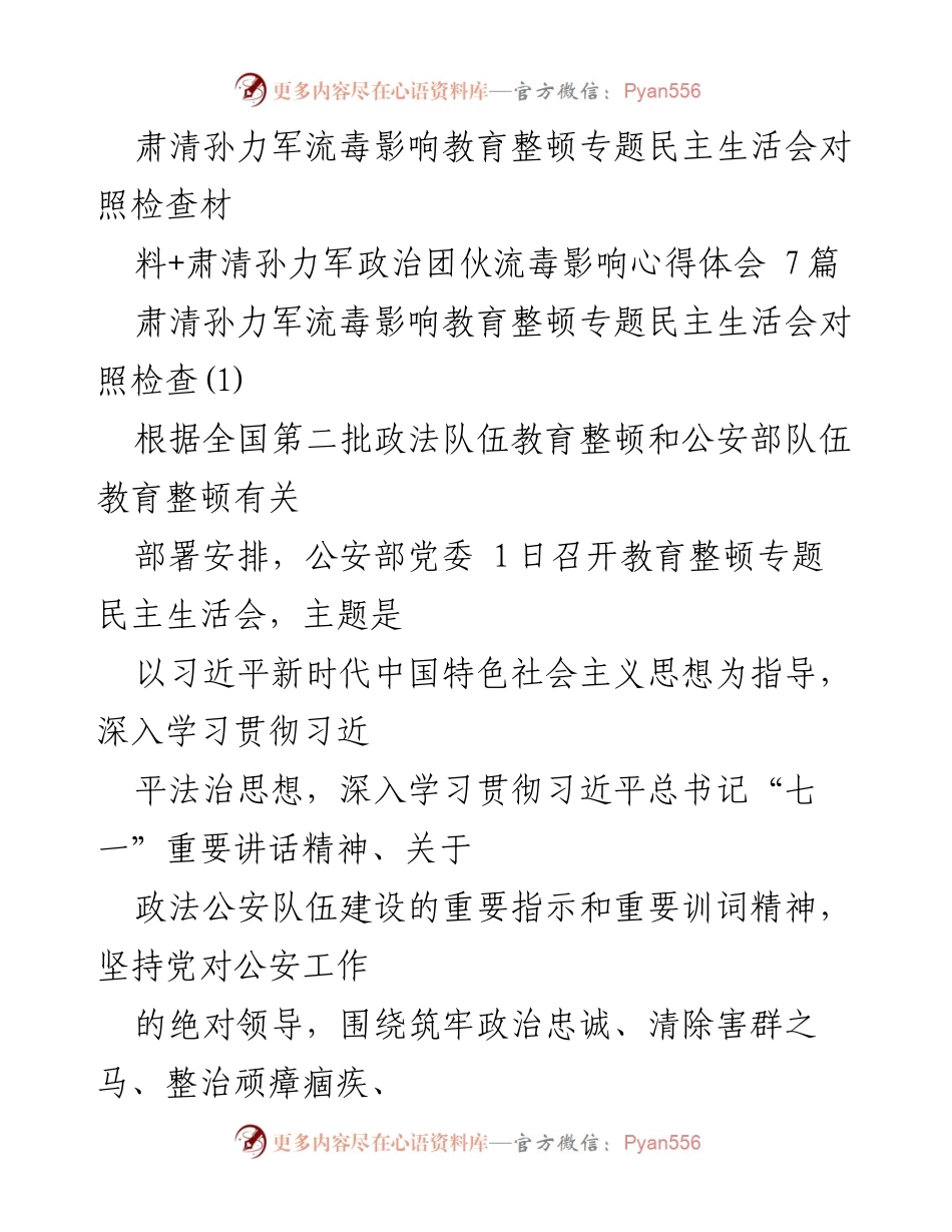 [发言] 教育整顿专题民主生活会 - 深入学习贯彻习近平新时代中国特色社会主义思想，肃清孙力军流毒影响_1.docx_第1页