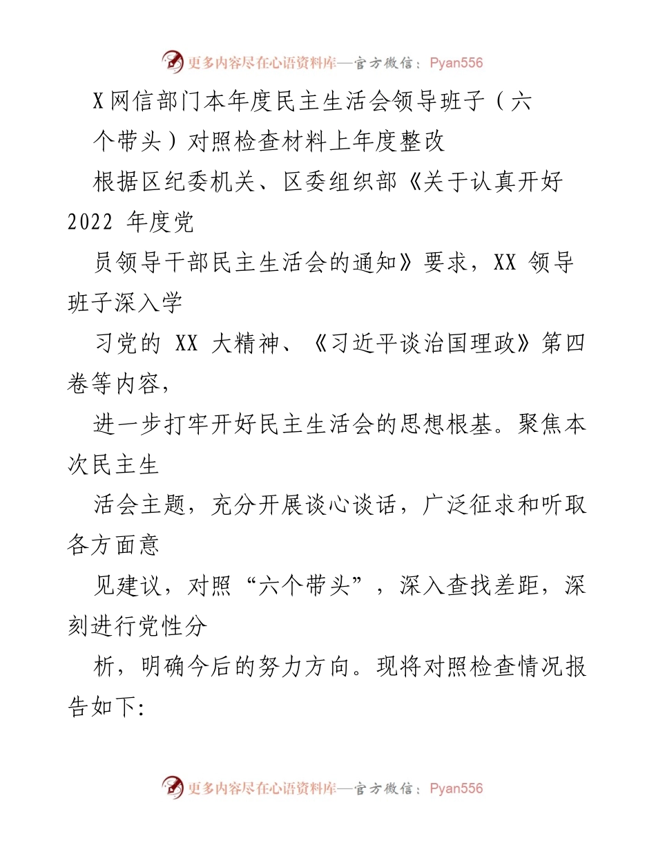 [发言] 民主生活会 - X网信部门年度民主生活会对照检查材料总结.docx_第1页