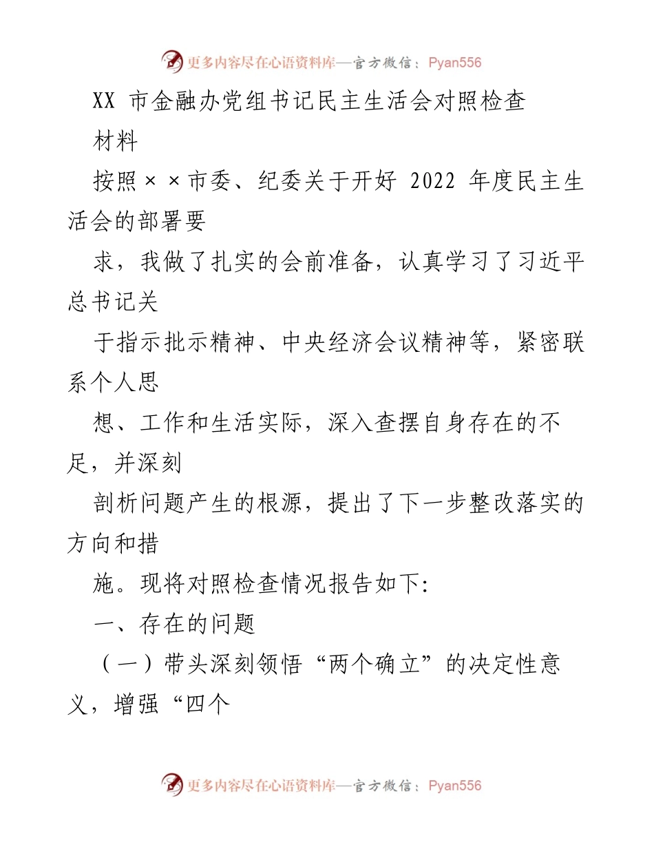 [发言] 民主生活会 - XX市金融办党组书记民主生活会对照检查报告.docx_第1页