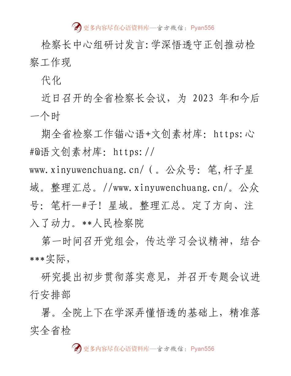 [发言] 检察长中心组研讨 - 深入学习贯彻全省检察长会议精神，推动检察工作现代化.docx_第1页