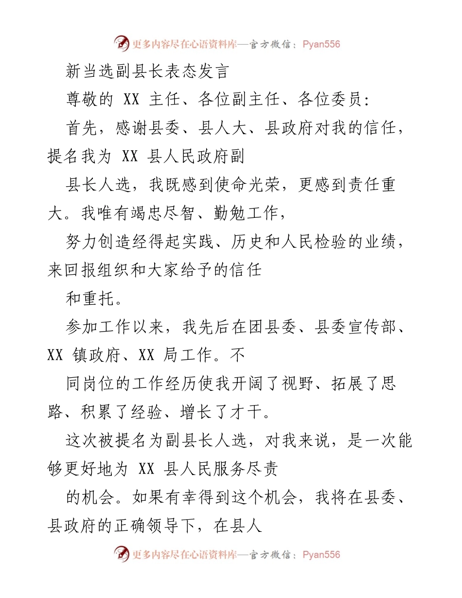 [发言] 新任副县长就职 - 副县长上任表态发言：坚定信念、服务人民、清正廉洁.docx_第1页