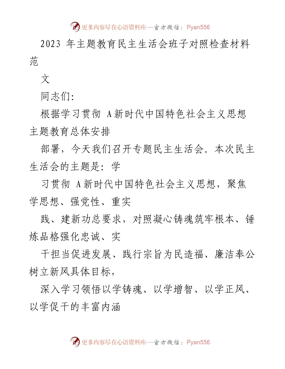 [发言] 民主生活会 - 2023年主题教育民主生活会班子对照检查发言稿.docx_第1页