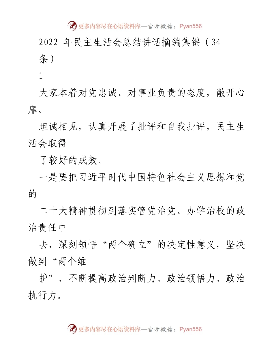 [发言] 民主生活会 - 2022年民主生活会总结与整改措施分析.docx_第1页