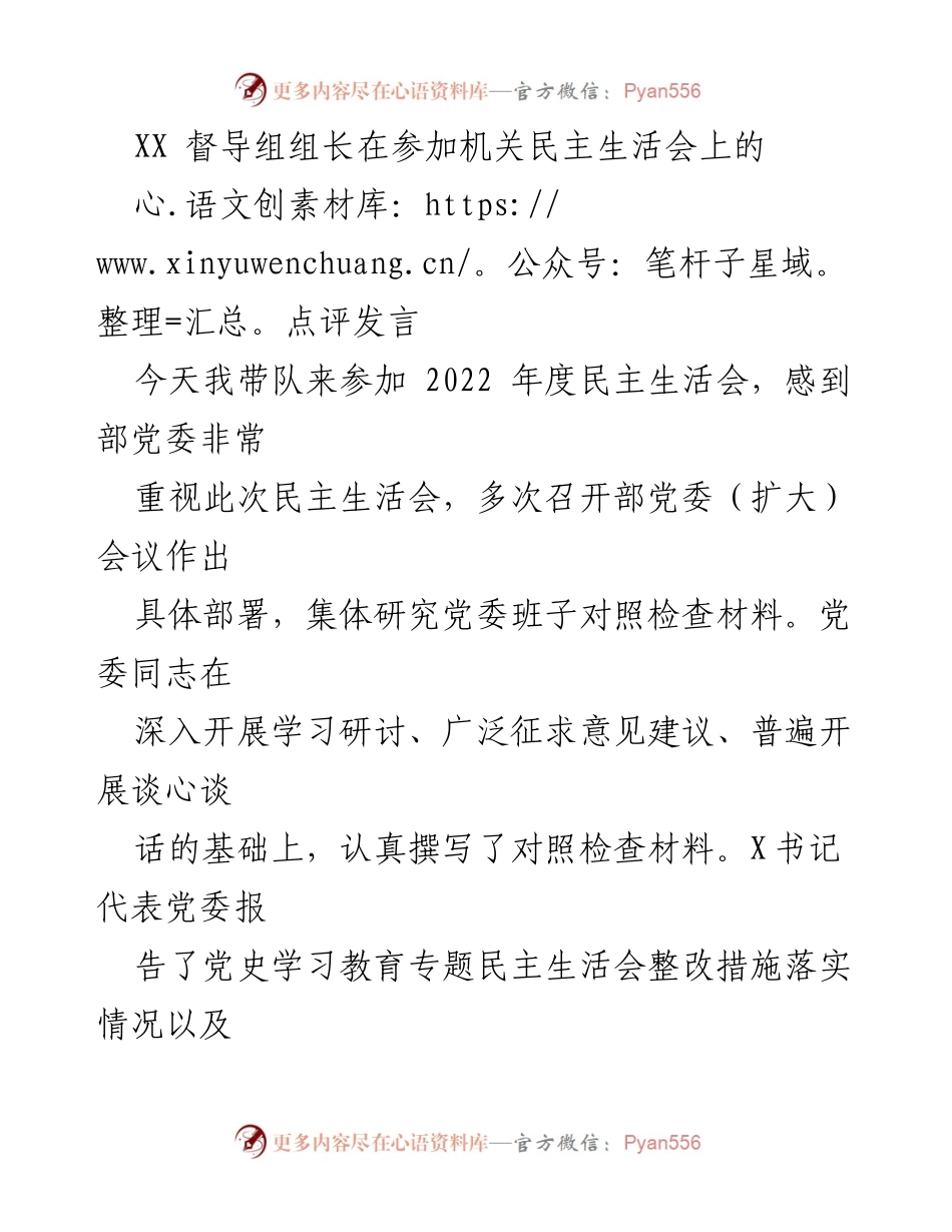 [发言] 机关民主生活会 - XX 督导组组长在年度民主生活会上的点评与建议.docx_第1页