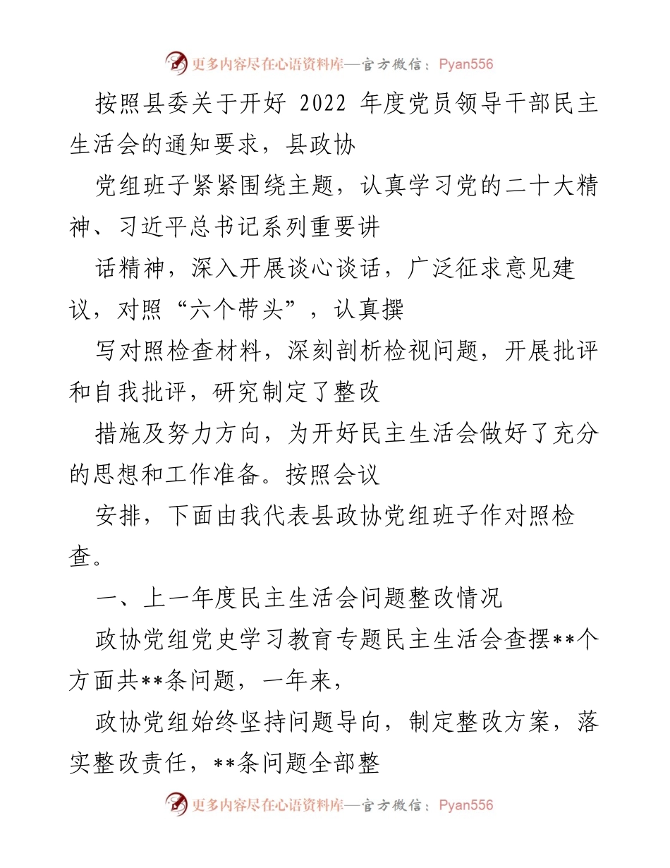 [发言] 民主生活会 - 县政协党组班子对照检查发言稿_1.docx_第1页
