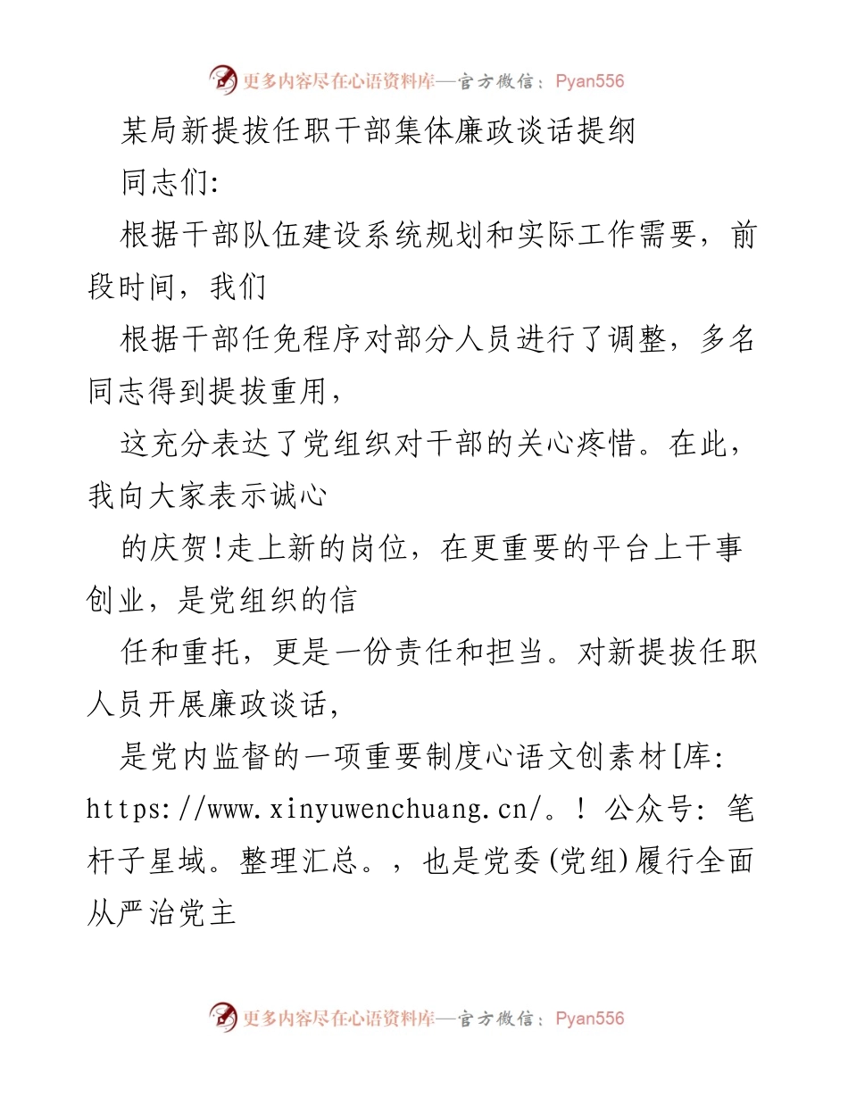 [发言] 新提拔任职干部集体廉政谈话 - 新岗位新责任：廉政谈话提纲.docx_第1页