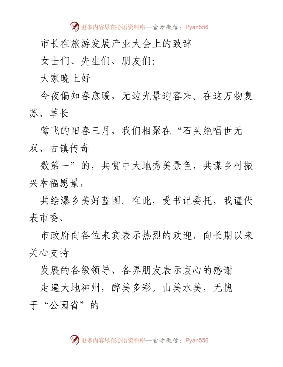 [发言] 旅游发展产业大会 - 市长致辞：共绘乡村振兴美好蓝图.docx_第1页
