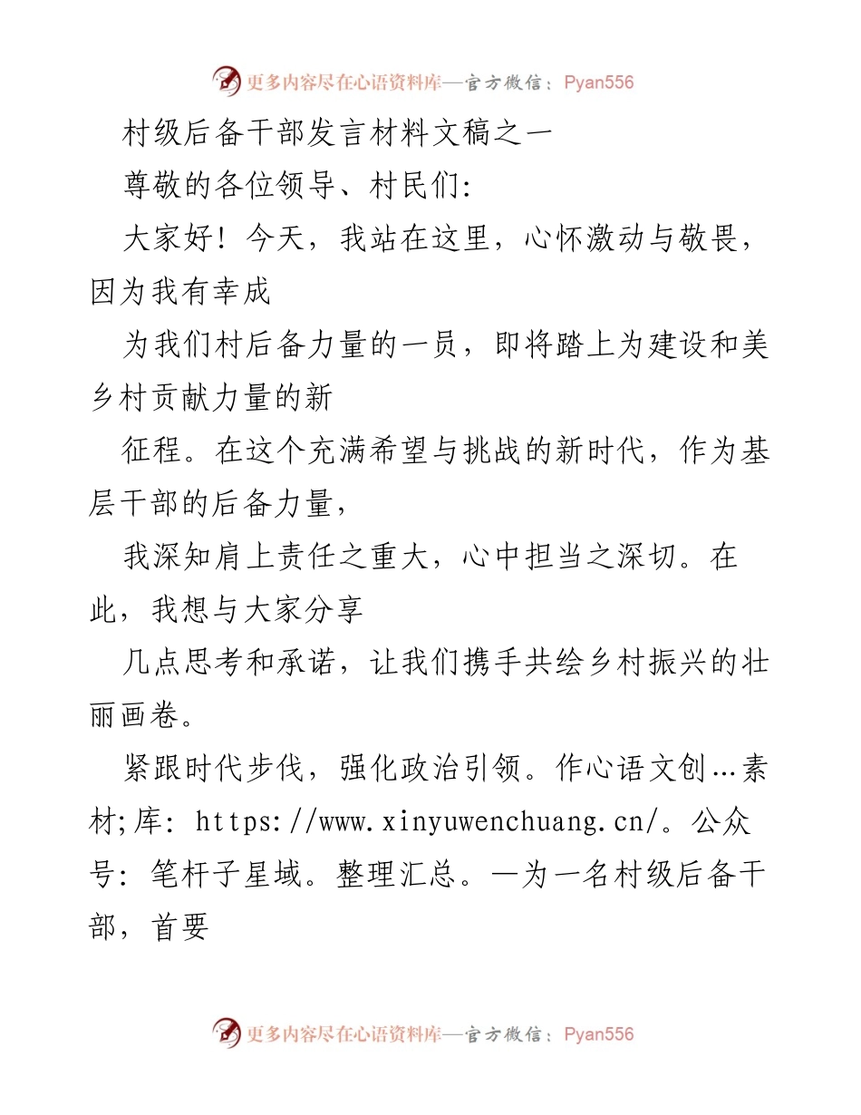 [发言] 村级后备干部会议 - 新时代的使命与承诺：为乡村振兴而奋斗.docx_第1页