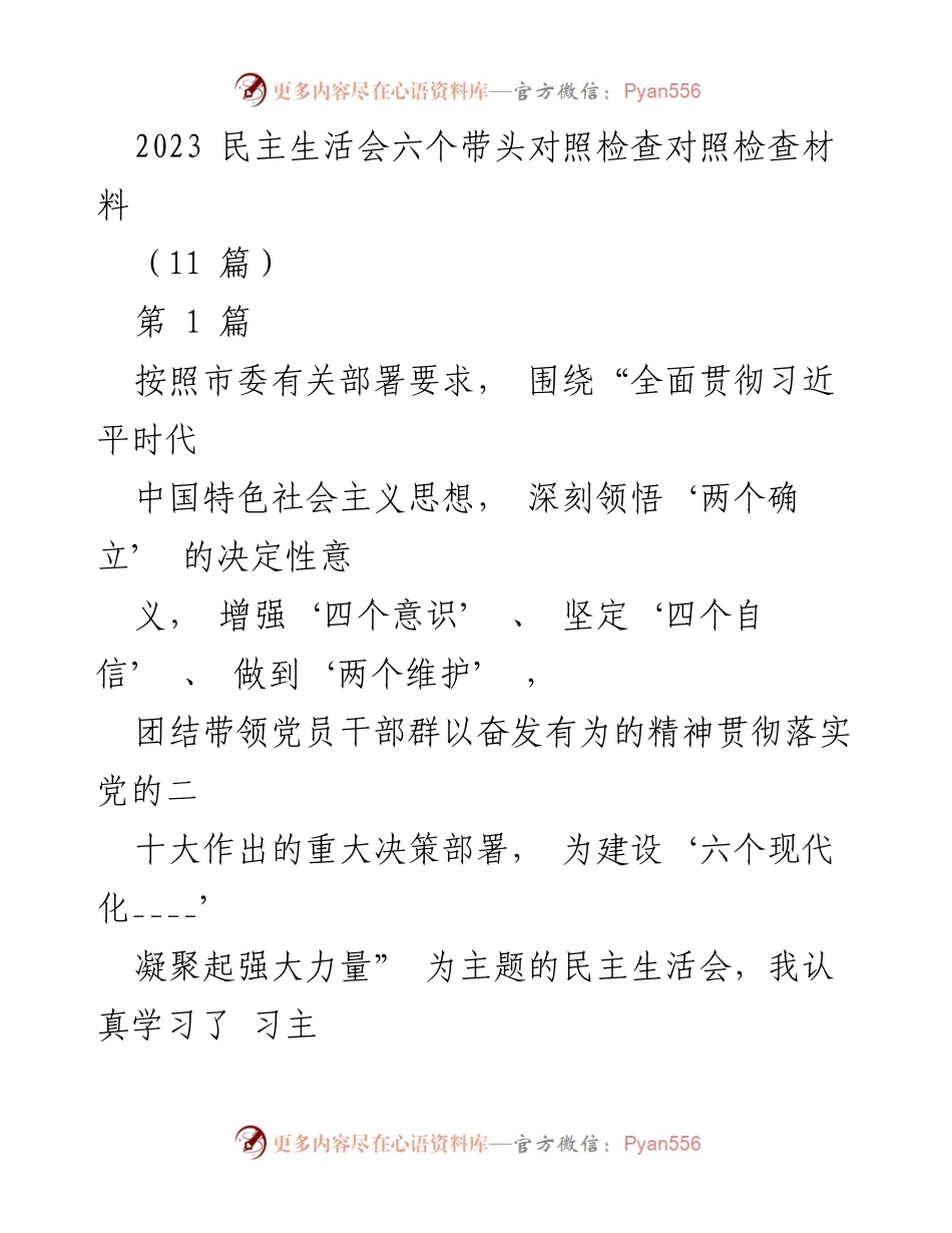[发言] 民主生活会 - 2023年民主生活会对照检查材料总结_2.docx_第1页