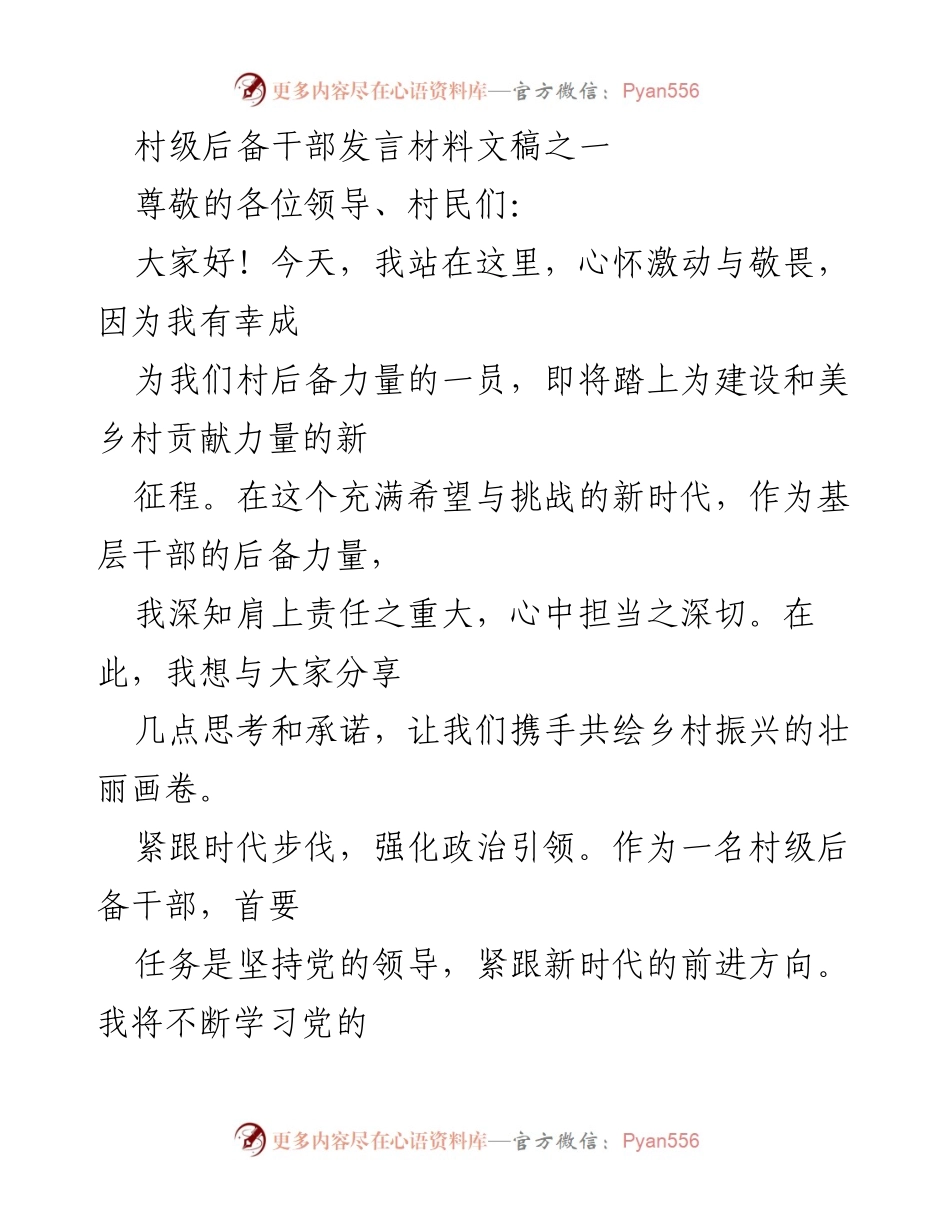 [发言] 村级后备干部会议 - 新时代的责任与承诺：为乡村振兴而奋斗.docx_第1页