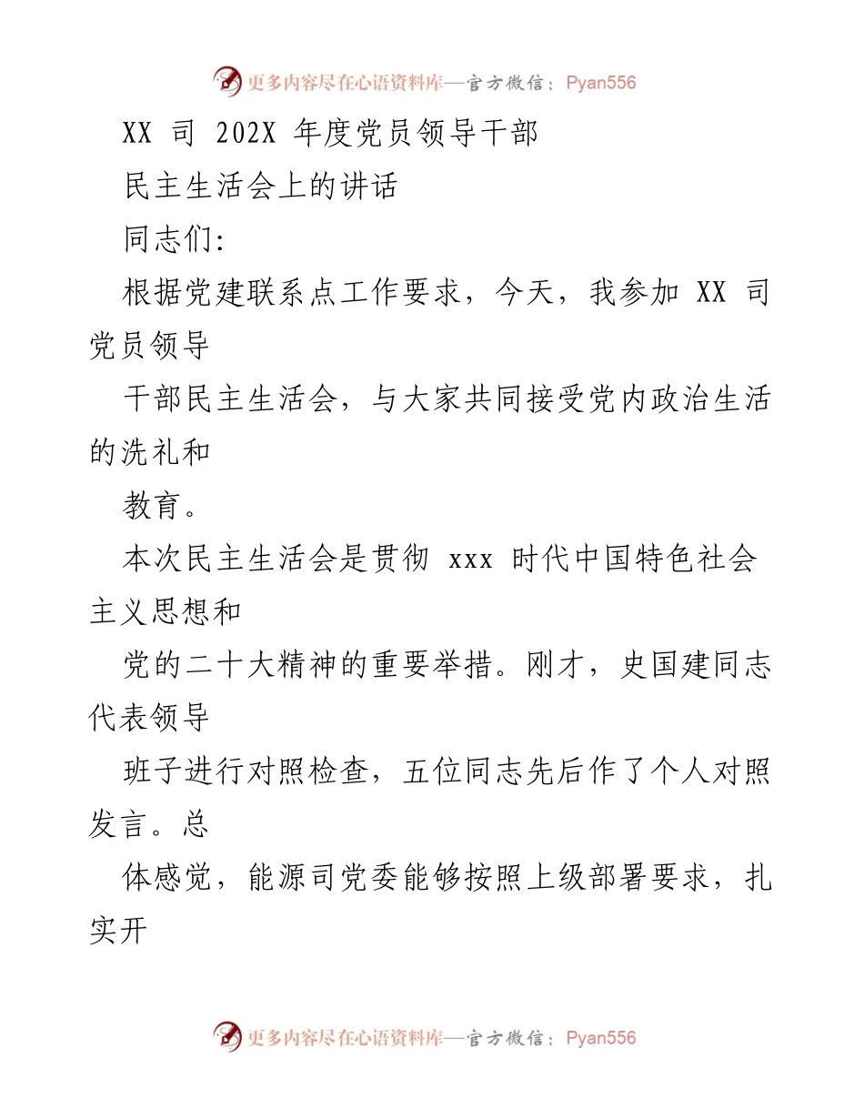 [发言] 民主生活会 - XX司党员领导干部民主生活会讲话要点.docx_第1页