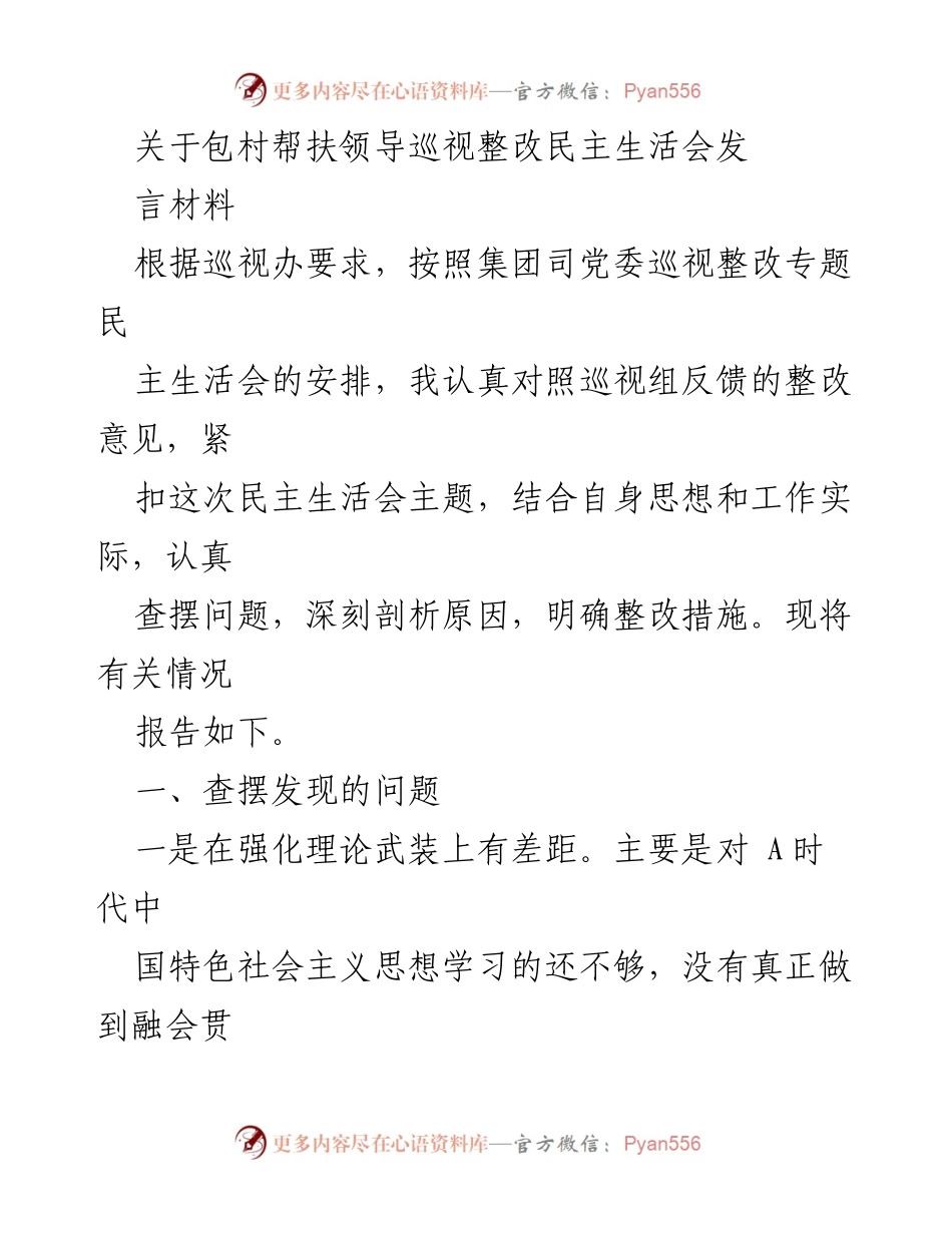 [发言] 民主生活会 - 包村帮扶巡视整改发言材料分析.docx_第1页