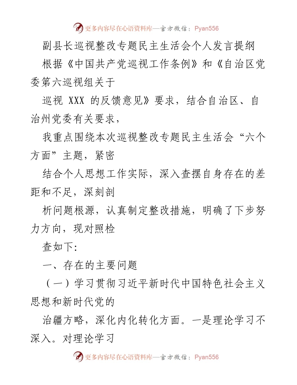 [发言] 整改专题民主生活会 - 副县长巡视整改发言提纲.docx_第1页