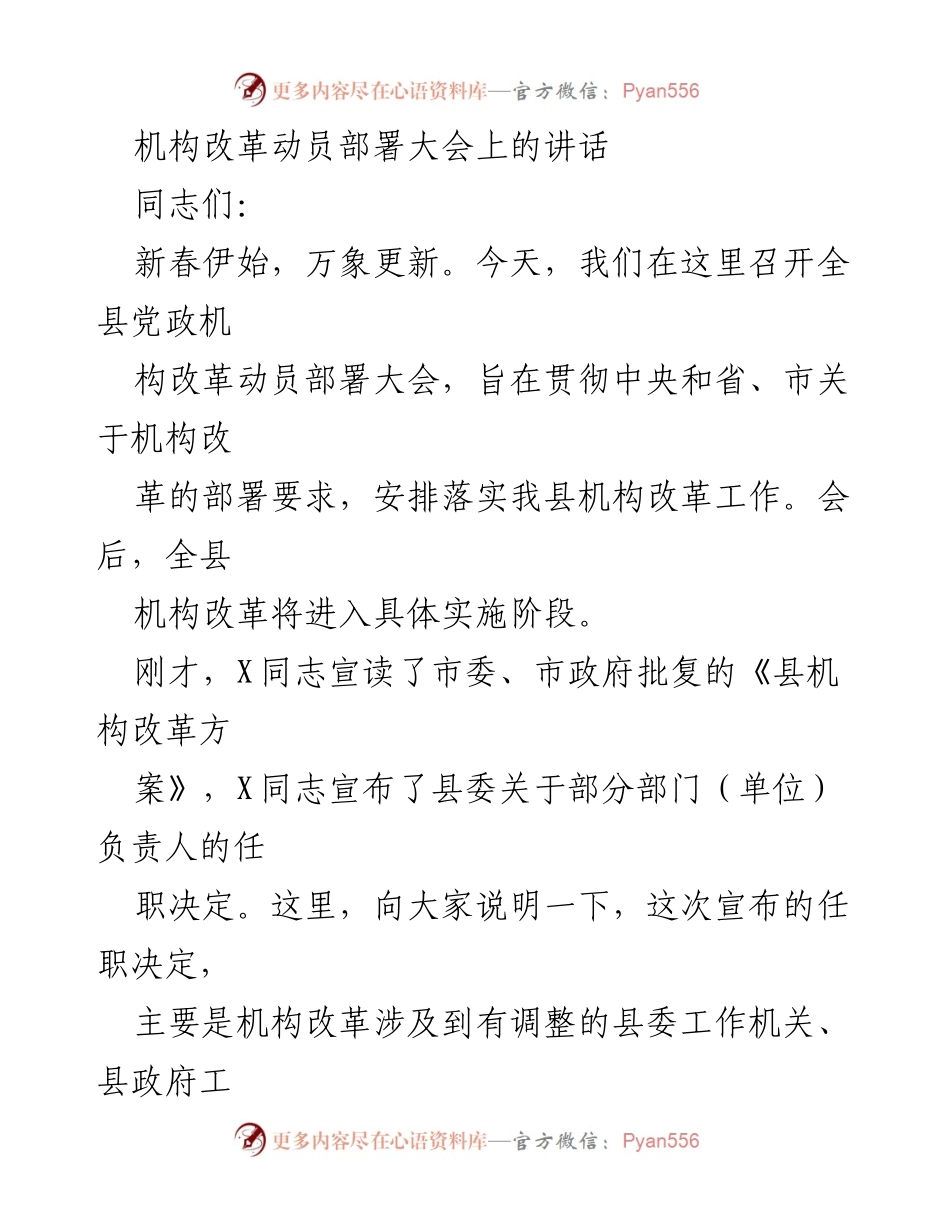 [发言] 机构改革动员部署大会 - 深入推进机构改革，确保稳步实施.docx_第1页