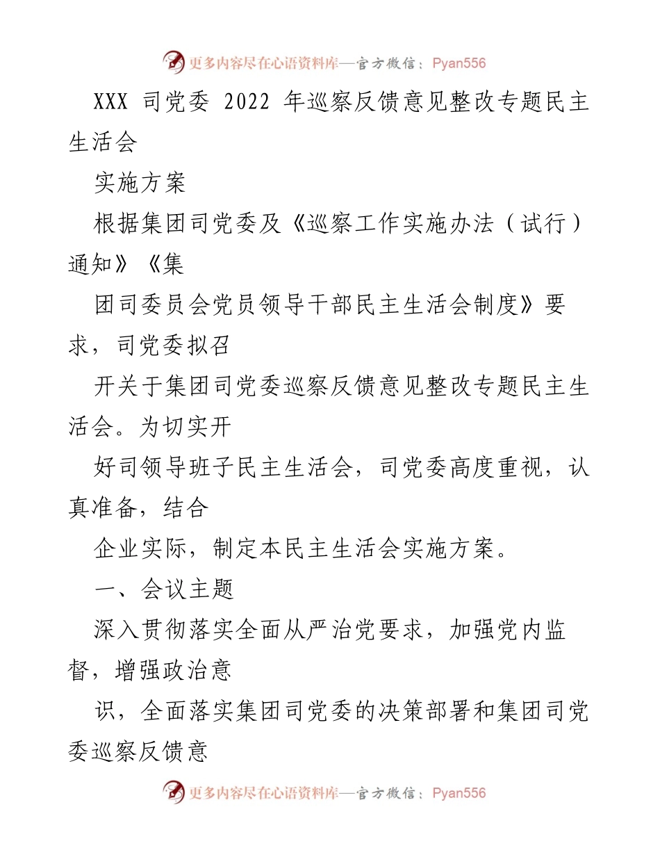 [发言] 民主生活会 - 2022年巡察反馈意见整改专题民主生活会实施方案.docx_第1页