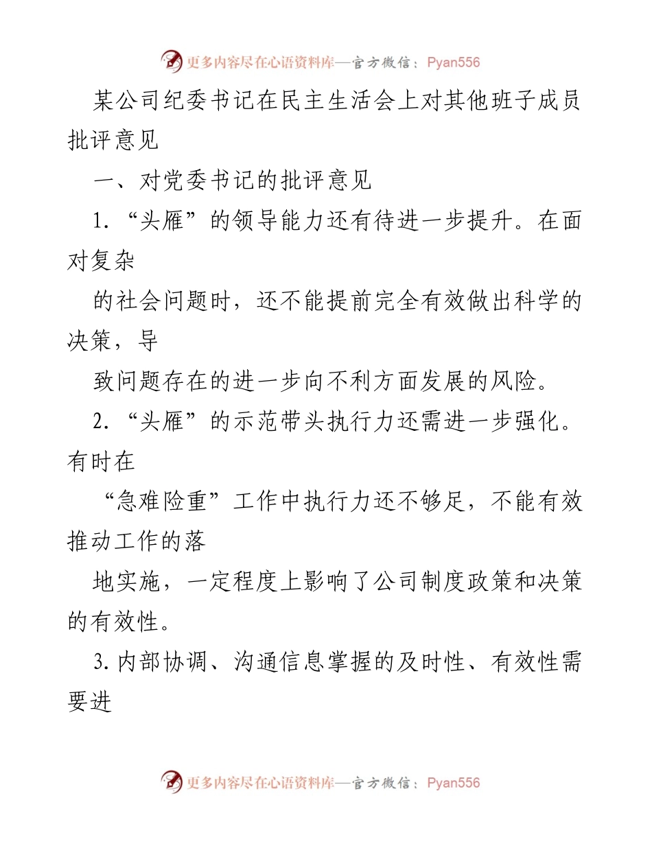 [发言] 民主生活会 - 对班子成员的批评意见总结.docx_第1页