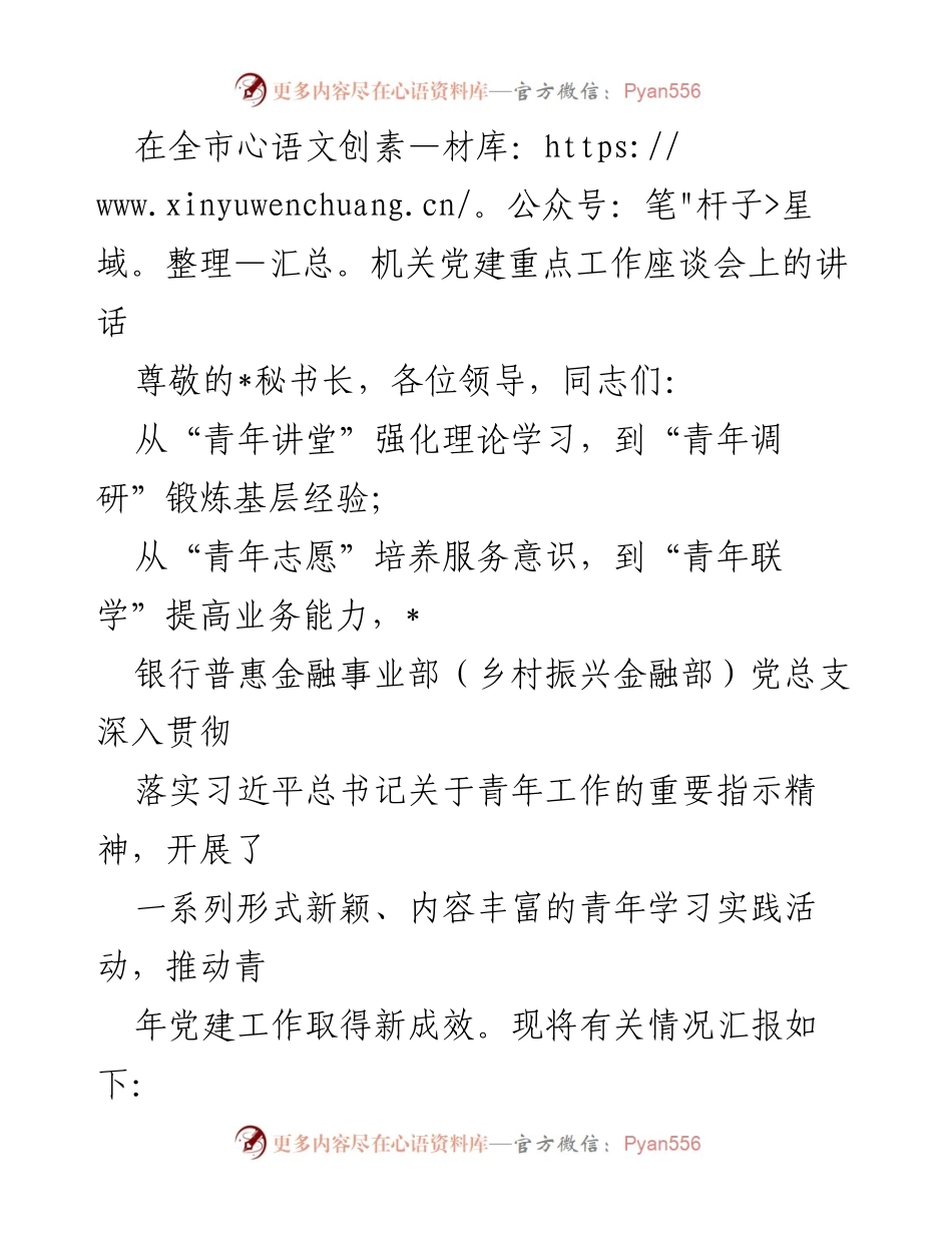 [发言] 机关党建重点工作座谈会 - 深化青年党建工作，推动普惠金融事业发展.docx_第1页