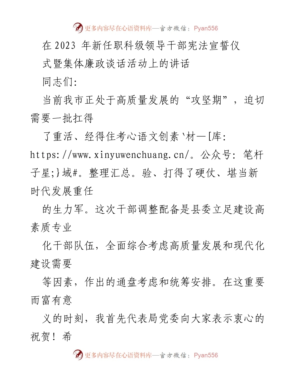 [发言] 新任职干部宣誓仪式 - 高质量发展背景下的新任科级领导干部寄语.docx_第1页