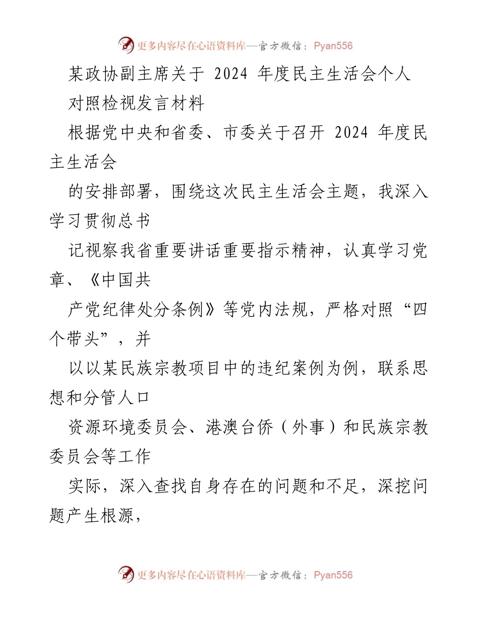 [发言] 民主生活会 - 2024年度民主生活会个人对照检视发言材料_9.docx_第1页