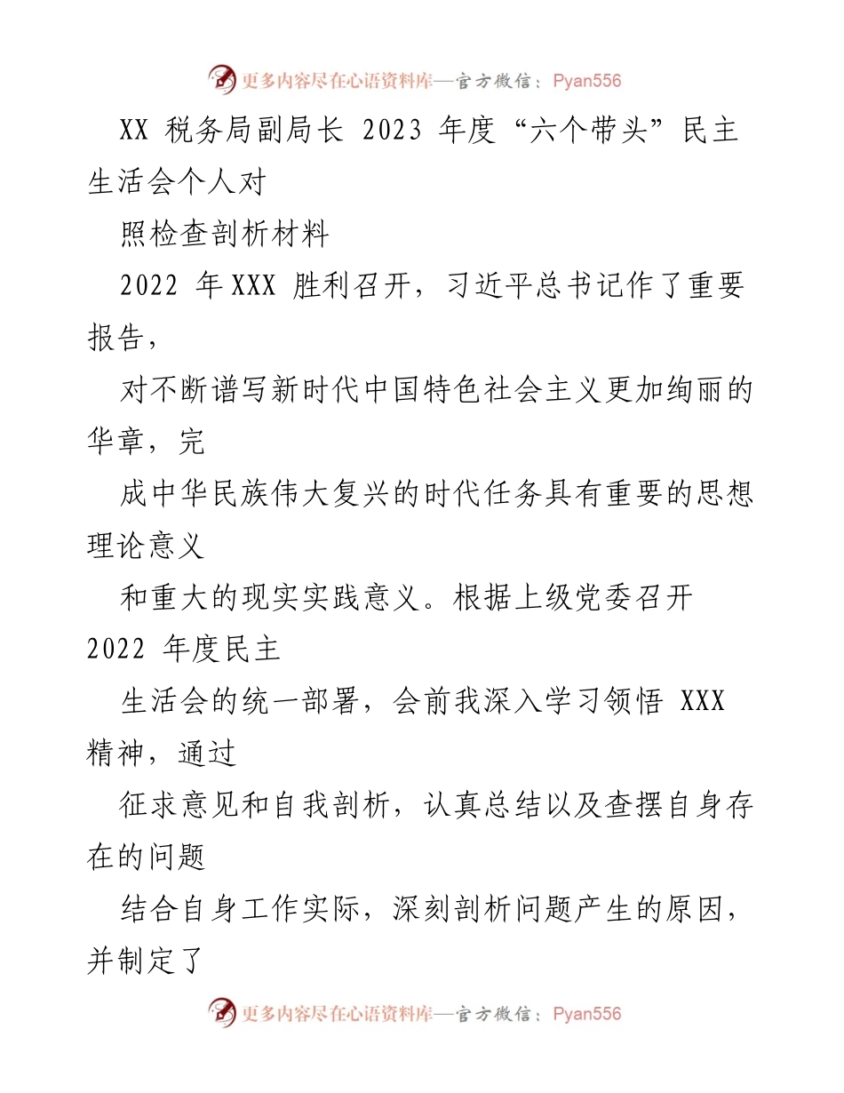 [发言] 民主生活会 - XX税务局副局长2023年度民主生活会个人对照检查剖析材料.docx_第1页