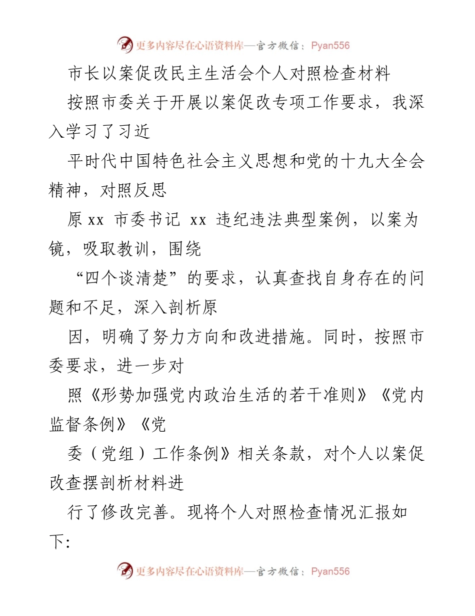 [发言] 民主生活会 - 市长个人对照检查材料汇报_1.docx_第1页