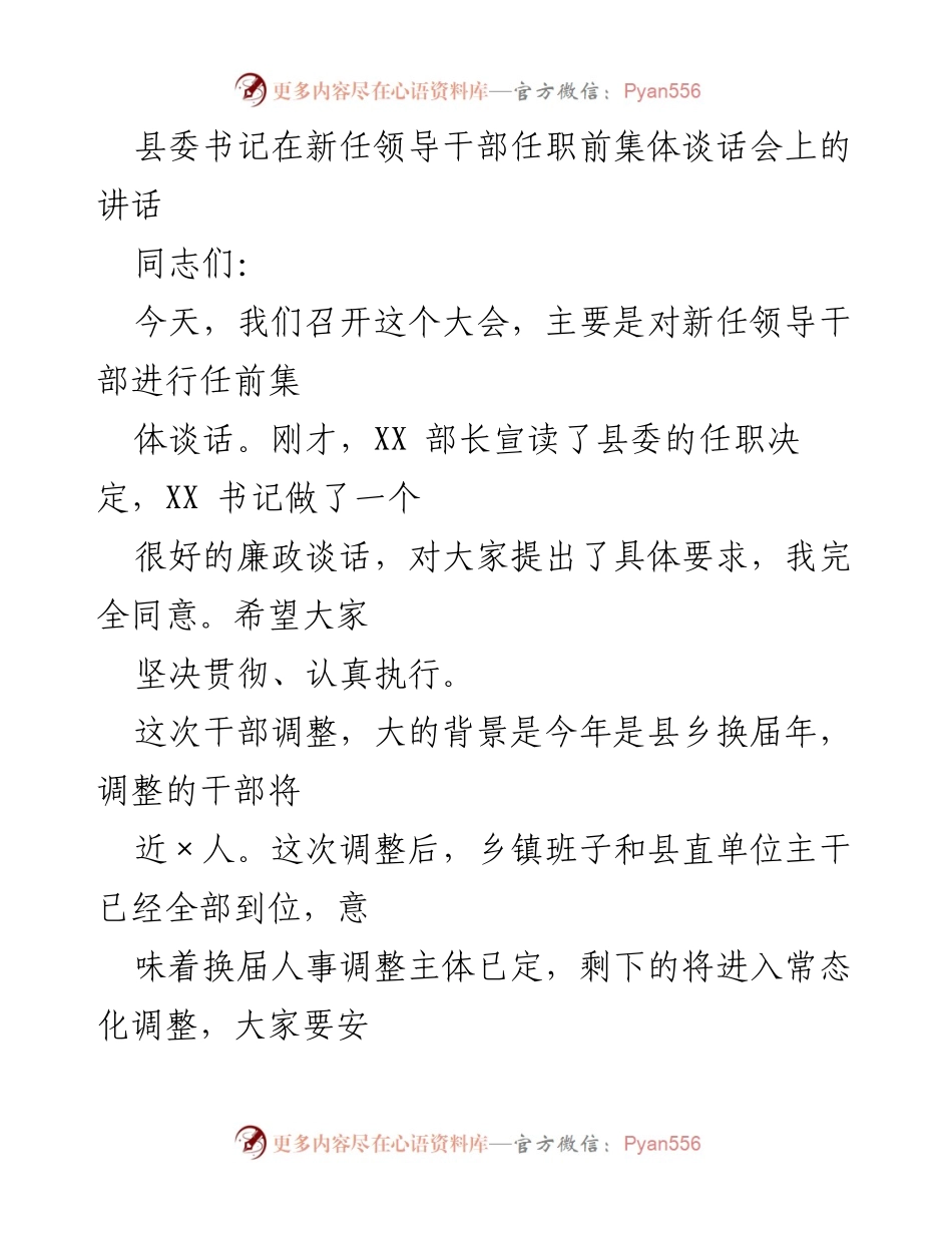 [发言] 新任领导干部任职前集体谈话会 - 新任领导干部任职前的集体谈话与干部调整原则.docx_第1页