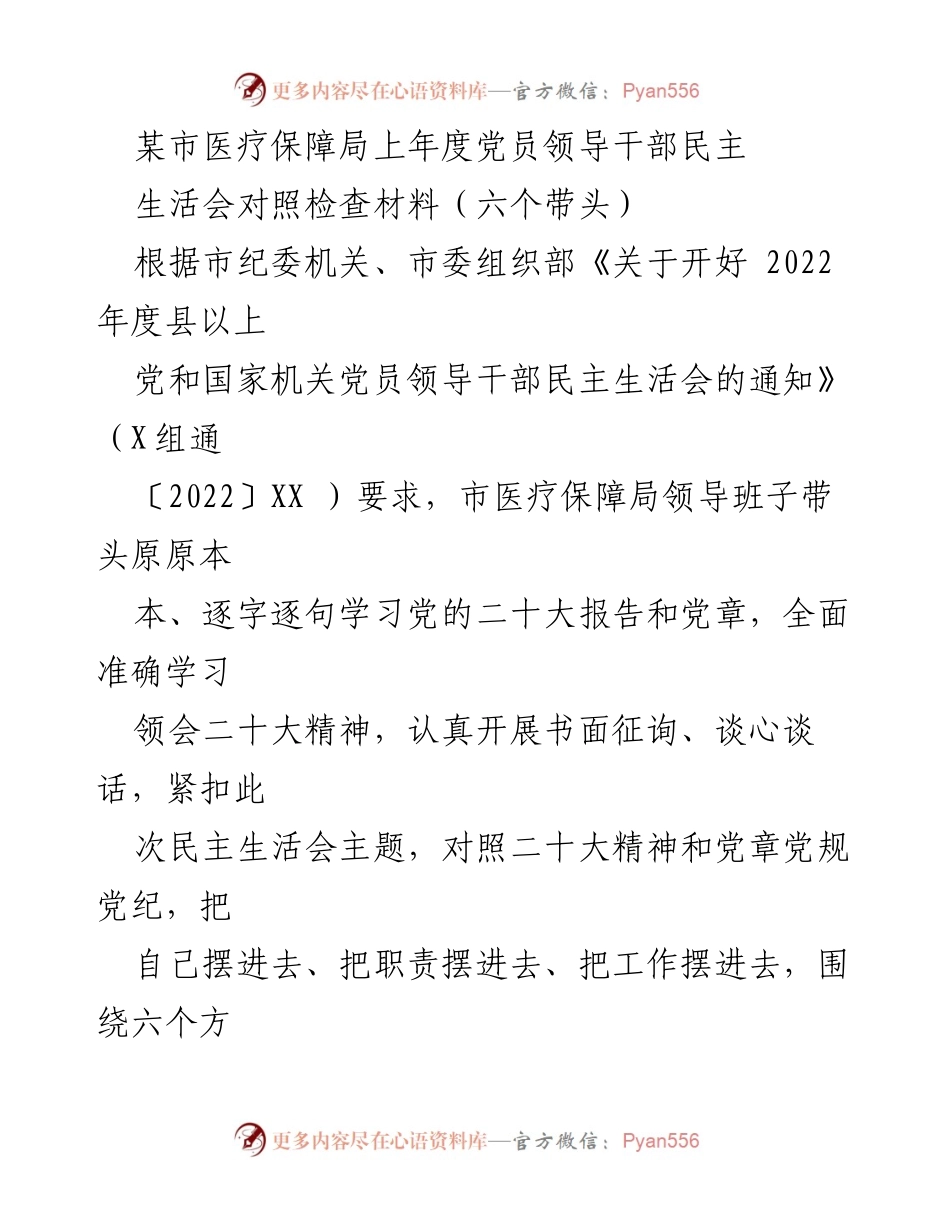 [发言] 民主生活会 - 医疗保障局党员领导干部民主生活会对照检查总结.docx_第1页