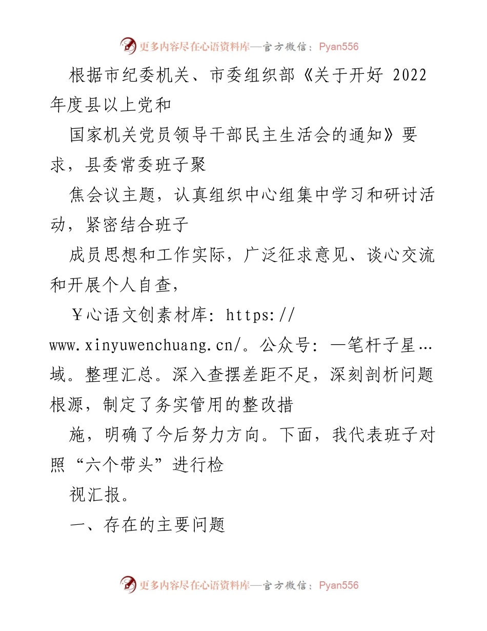 [发言] 民主生活会 - 县委常委班子民主生活会检视汇报.docx_第1页