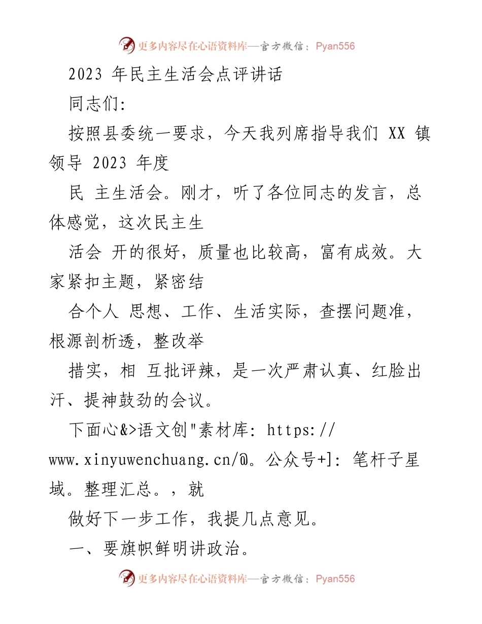 [发言] 民主生活会 - 2023年度民主生活会点评与工作指导.docx_第1页