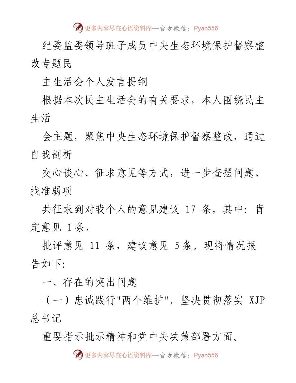 [发言] 民主生活会 - 中央生态环境保护督察整改的自我剖析与反思.docx_第1页