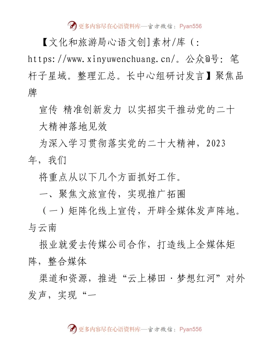 [发言] 文化和旅游局长中心组研讨 - 推动党的二十大精神落地见效的文旅品牌创新策略.docx_第1页