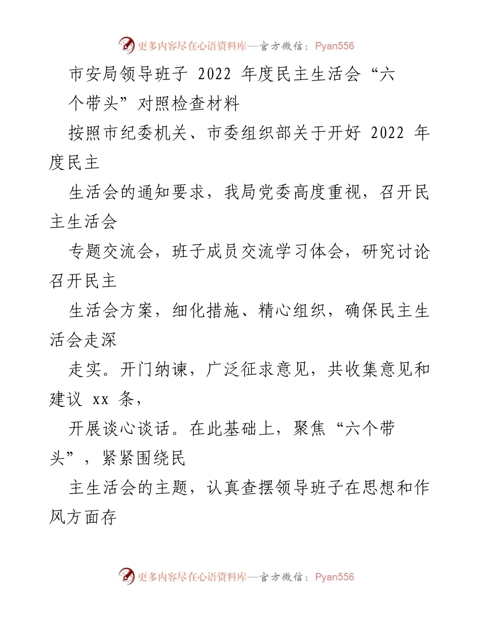 [发言] 民主生活会 - 市安局领导班子2022年度民主生活会对照检查报告.docx_第1页