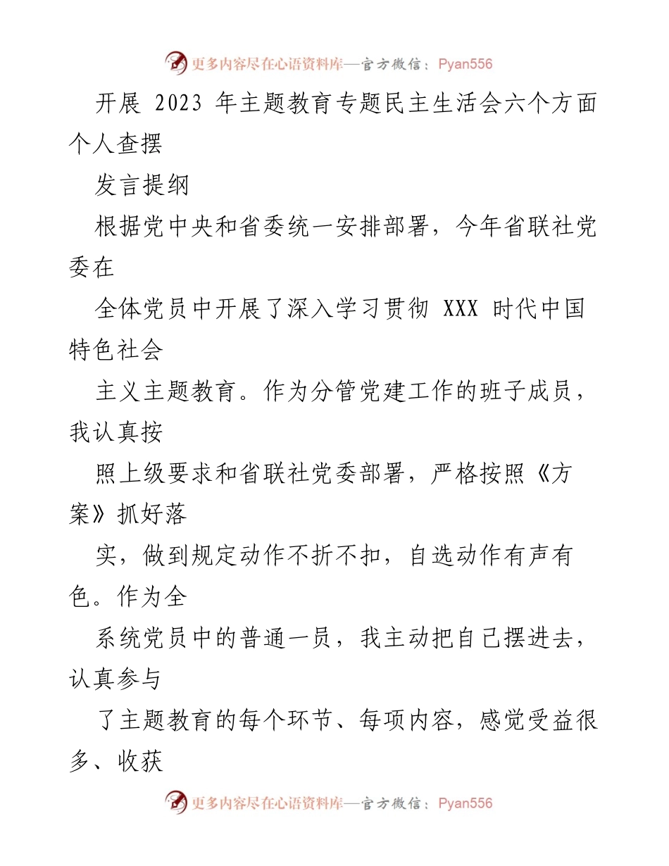 [发言] 民主生活会 - 2023年主题教育专题民主生活会个人查摆发言提纲.docx_第1页