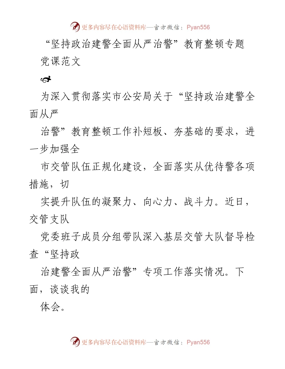 [发言] 教育整顿专题 - 坚持政治建警，全面提升交管队伍建设.docx_第1页