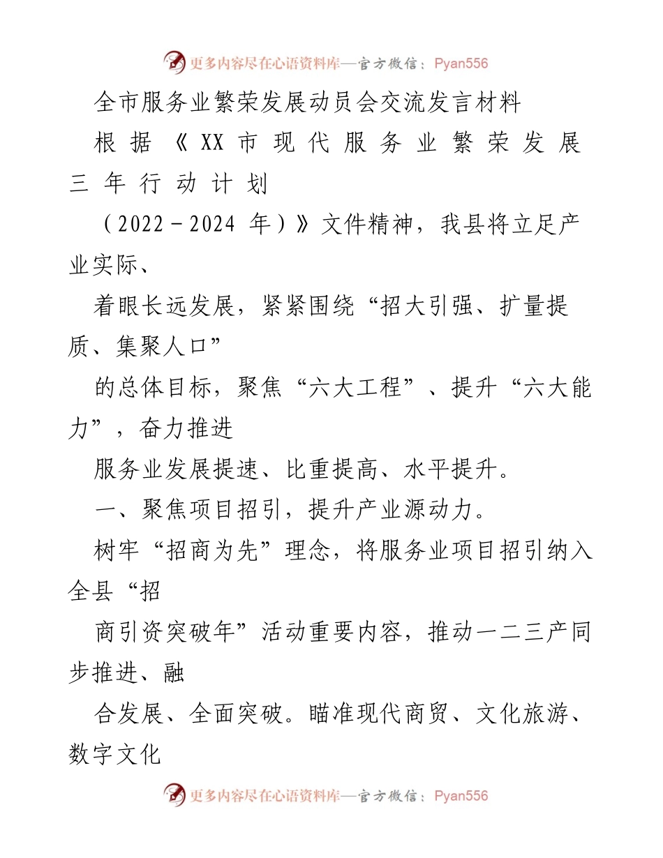 [发言] 服务业发展动员会 - 全市服务业发展动员会发言材料.docx_第1页