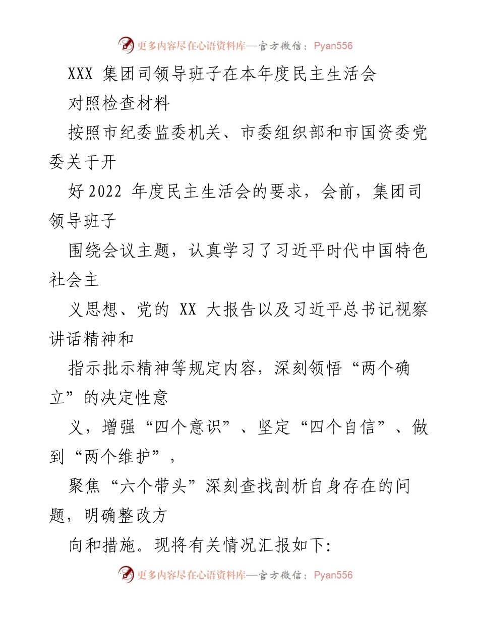 [发言] 民主生活会 - XXX集团领导班子2022年度民主生活会对照检查材料总结.docx_第1页