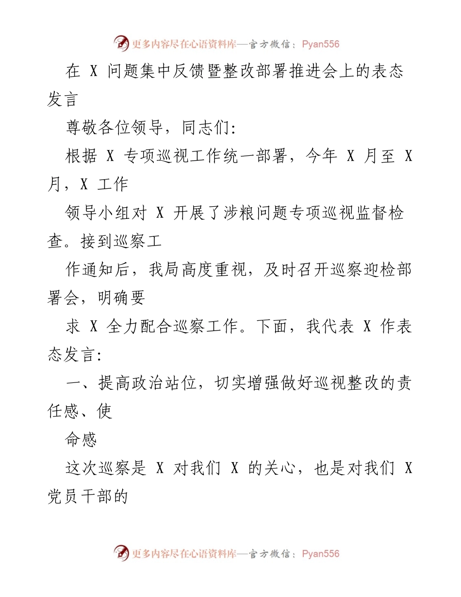 [发言] 整改部署推进会 - 加强巡视整改，提升责任感与实效性.docx_第1页