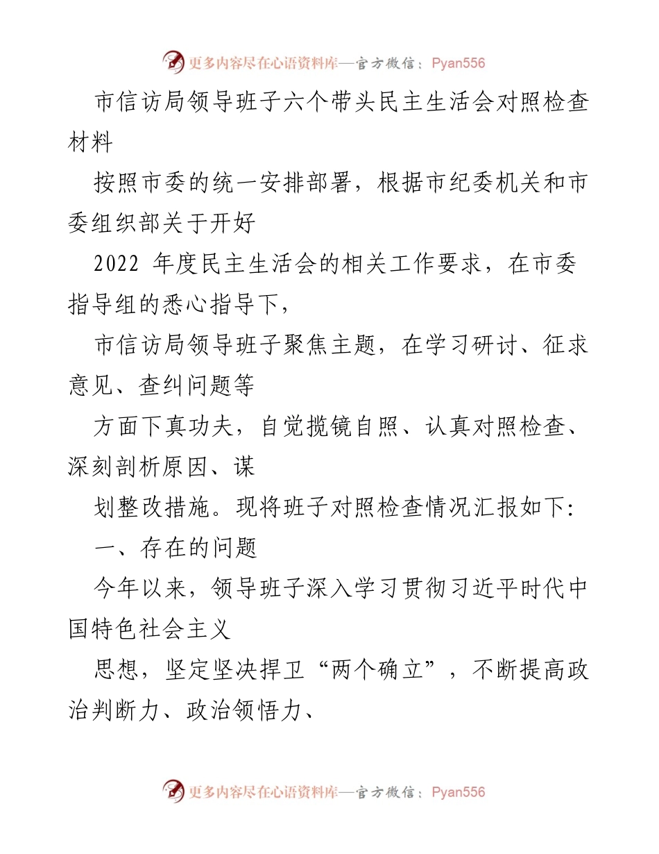 [发言] 民主生活会 - 市信访局领导班子对照检查材料总结.docx_第1页