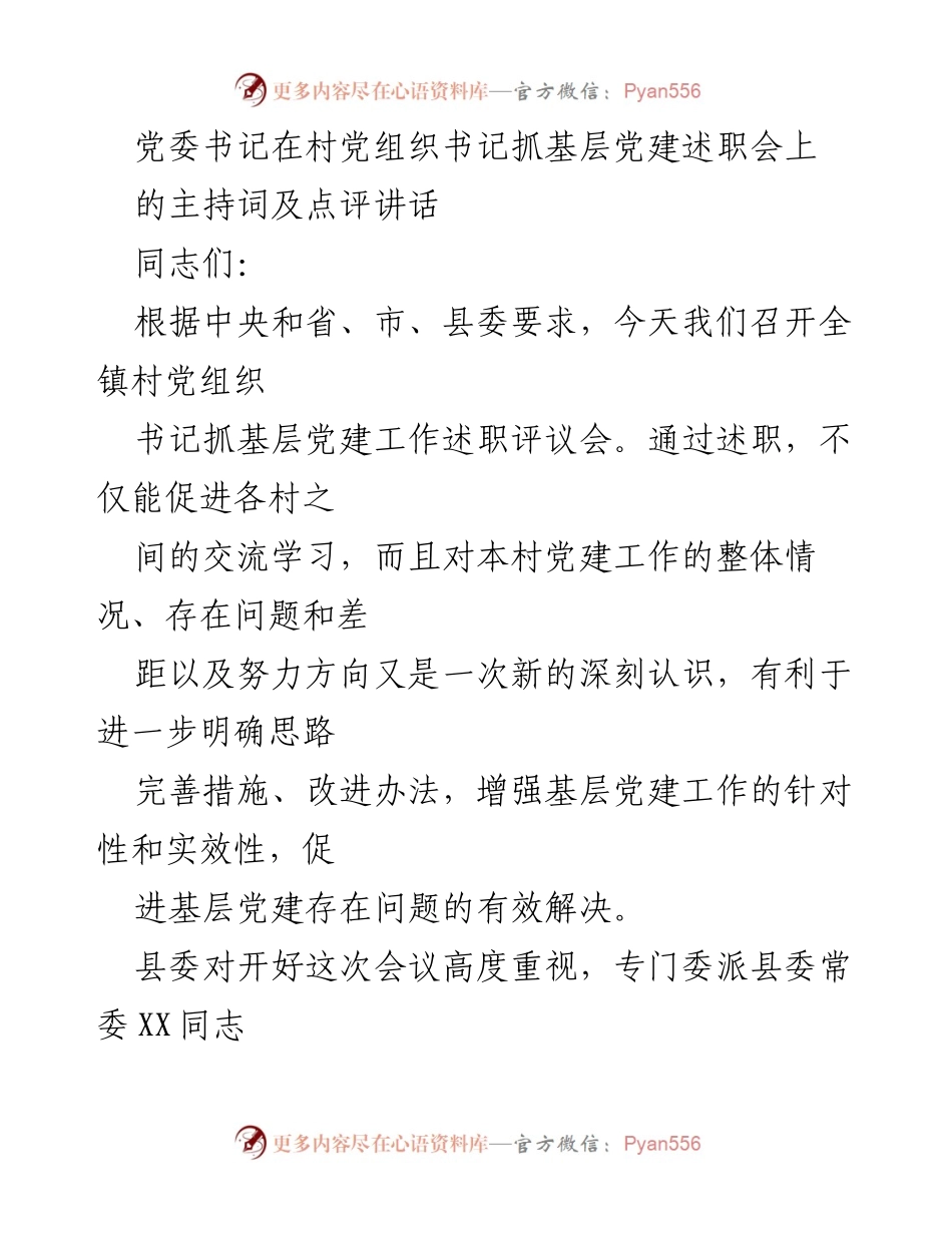 [发言] 村党组织书记抓基层党建述职会 - 党建工作述职与点评总结.docx_第1页