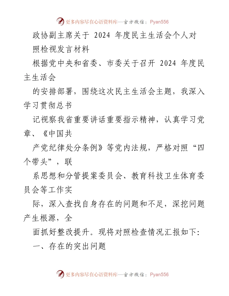 [发言] 民主生活会 - 政协副主席2024年度民主生活会个人对照检视发言材料.docx_第1页