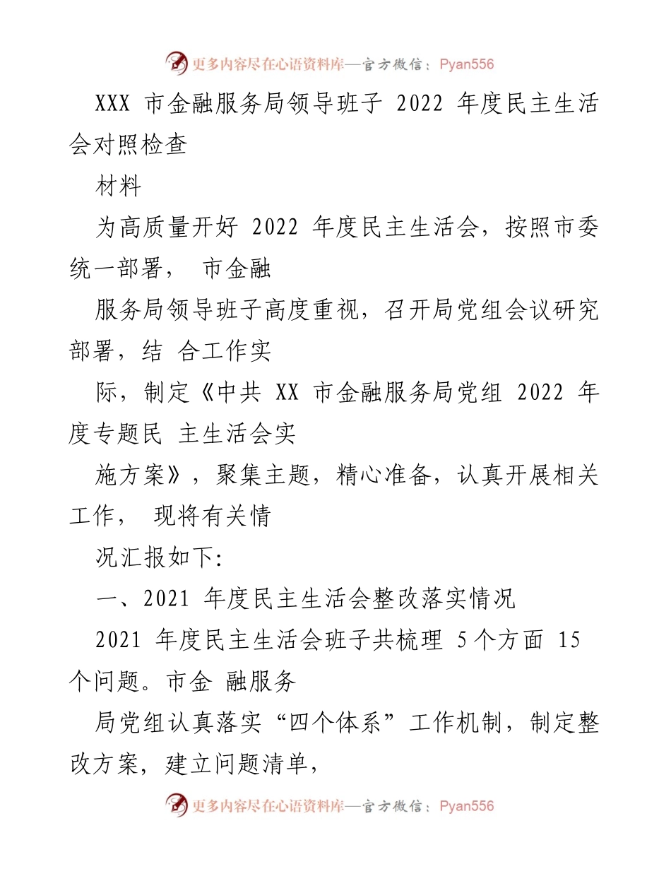 [发言] 民主生活会 - 2022 年度市金融服务局领导班子民主生活会对照检查汇报.docx_第1页