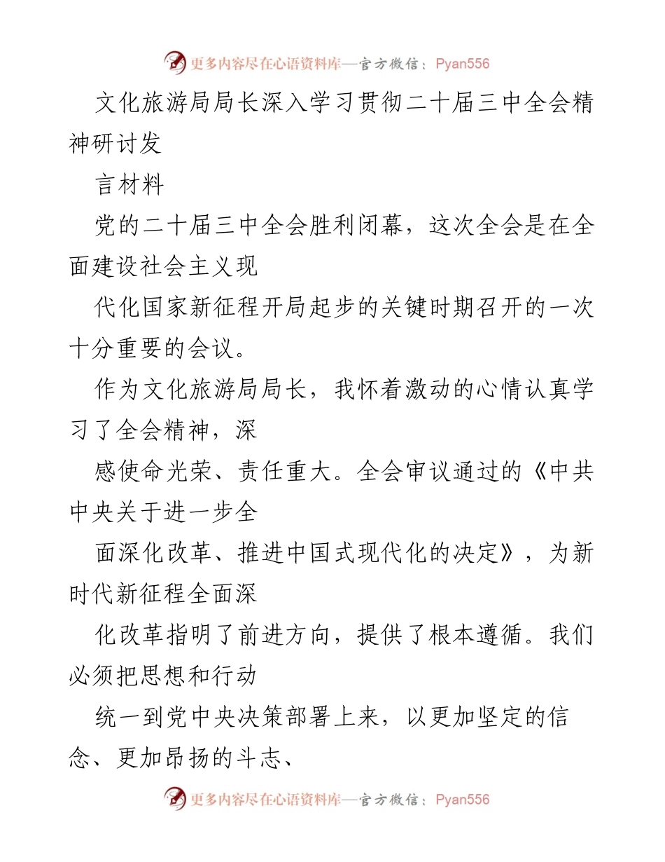 [发言] 文化旅游局局长学习贯彻全会精神研讨会 - 深入学习贯彻二十届三中全会精神，推动文化旅游高质量发展.docx_第1页