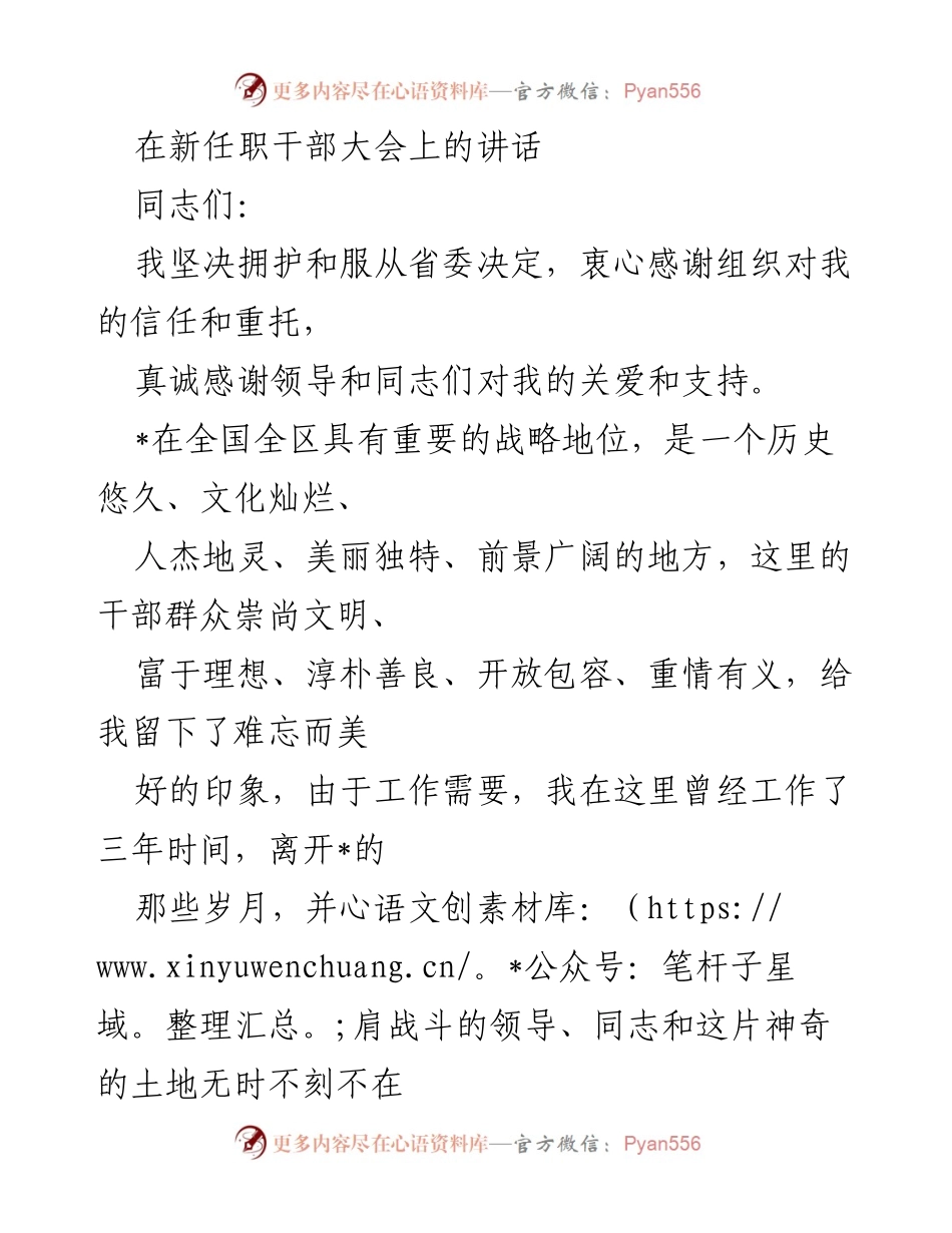 [发言] 新任职干部大会 - 在新任职干部大会上的讲话与工作承诺.docx_第1页