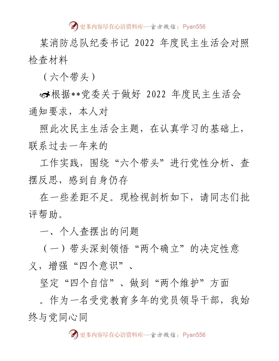 [发言] 民主生活会 - 2022年度纪委书记党性分析与反思材料.docx_第1页