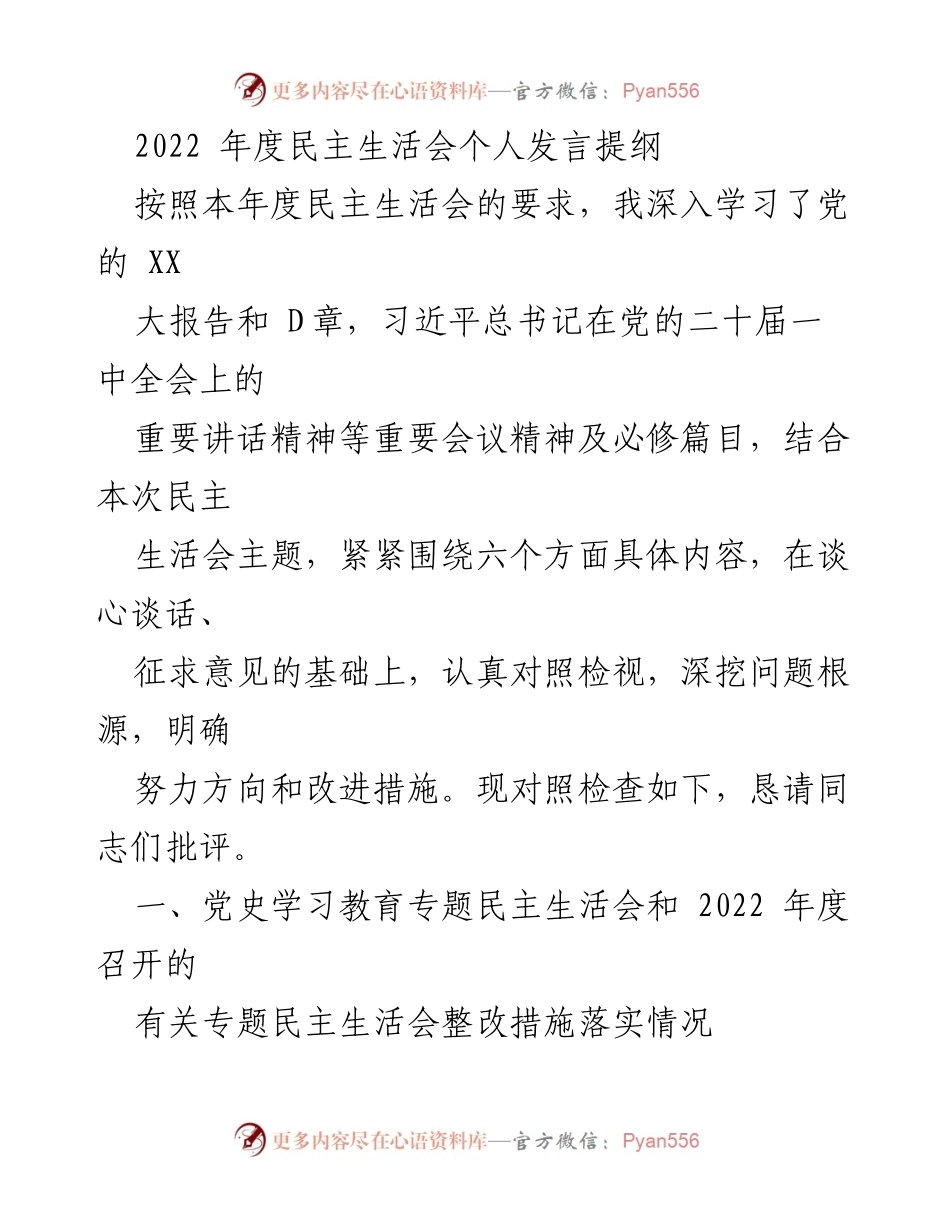 [发言] 民主生活会 - 2022年度民主生活会个人发言提纲_4.docx_第1页
