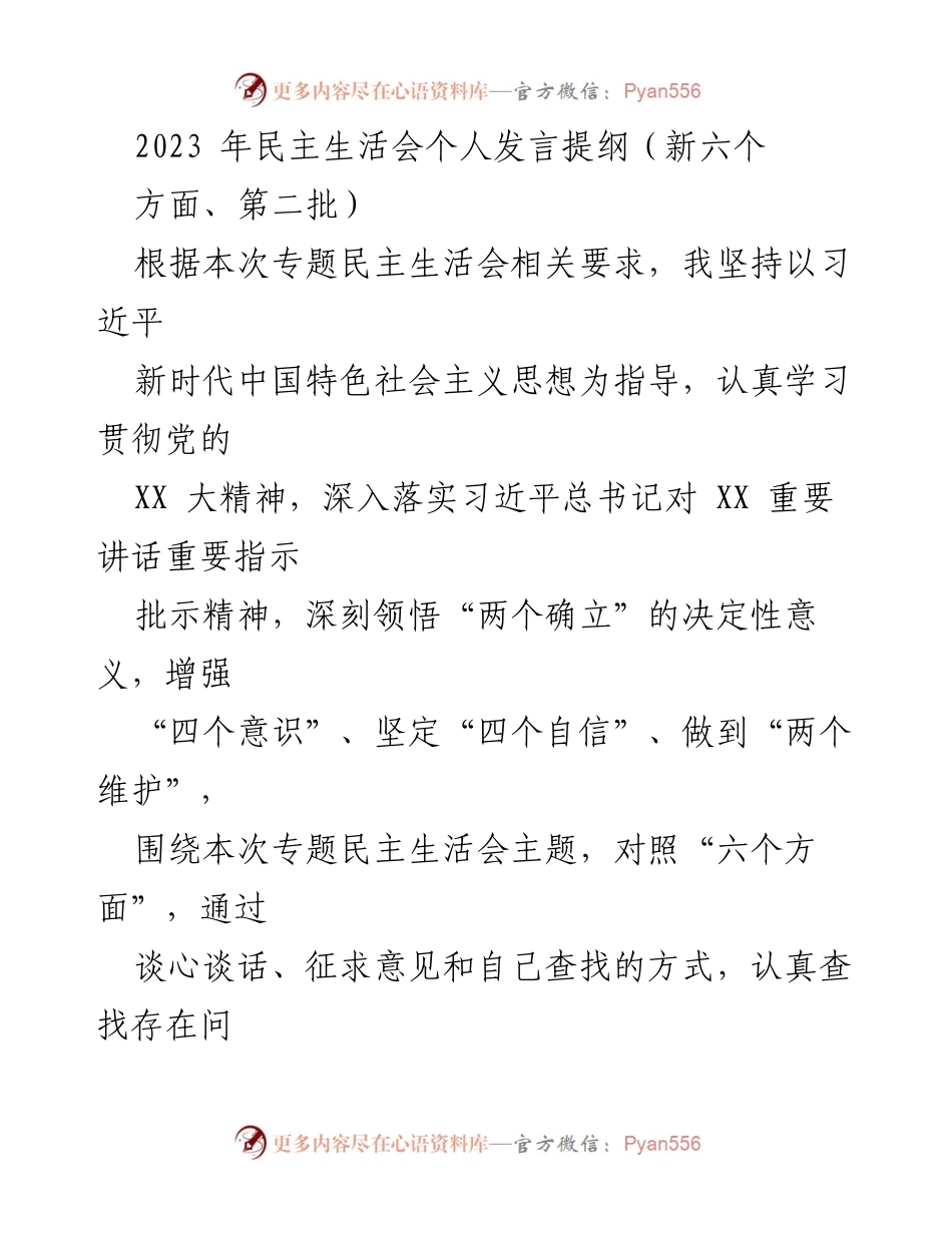 [发言] 民主生活会 - 2023年民主生活会个人发言提纲_2.docx_第1页